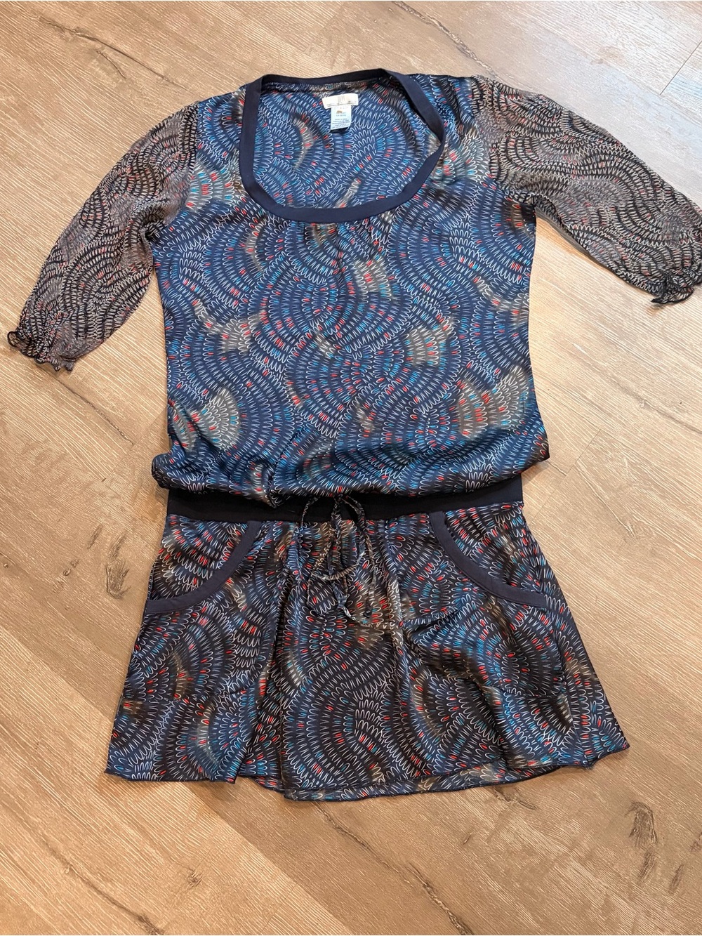 Blue Paisley Patterned Drawstring Drop Waist Tunic Dress sheer sleeves Sz S